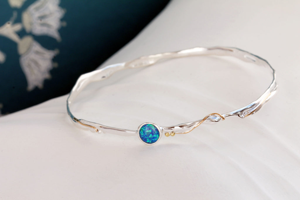 Ba1841 delicate silver bandle 14ct gold blue opal