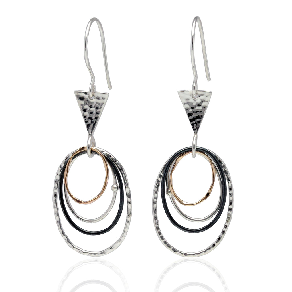 Tri Toned Organic Ovals  and Silver Triangle dropdown earrings