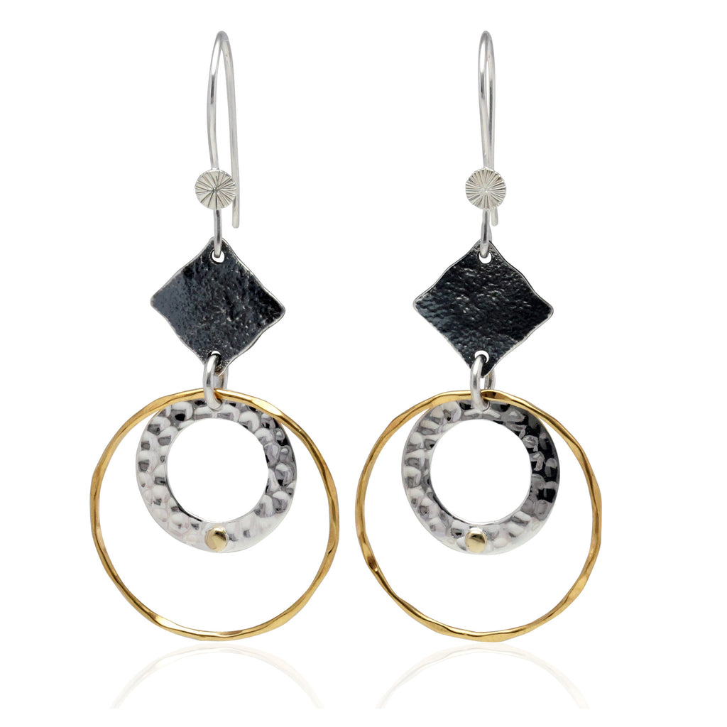 Organic Two Tone Textured Circle & Diamond Shape Drop Earrings