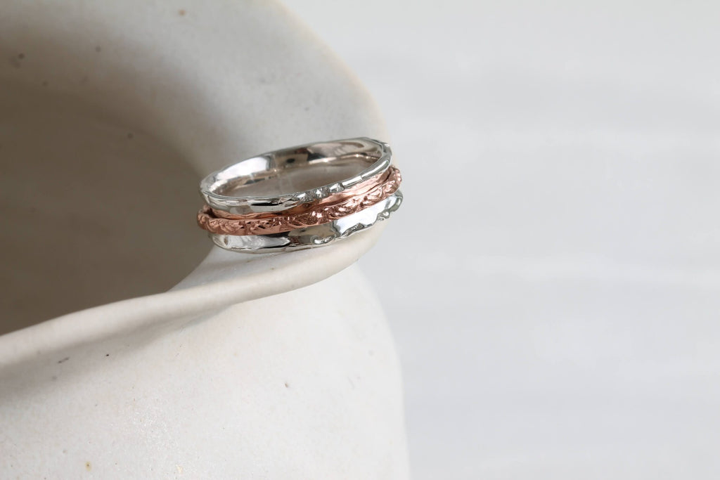 Ri0996 silver and copper spinning fidget ring