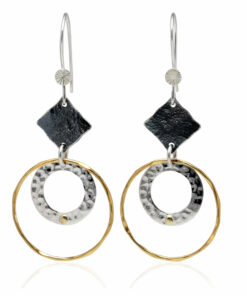 Organic Two Tone Textured Circle & Diamond Shape Drop Earrings